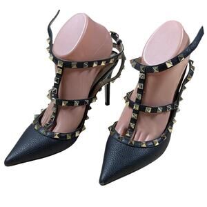 Valentino Black and Gold Studded Heels